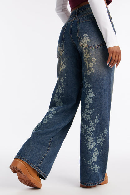 Cherry Blossom Printed Wide Leg Jeans - Dark Wash