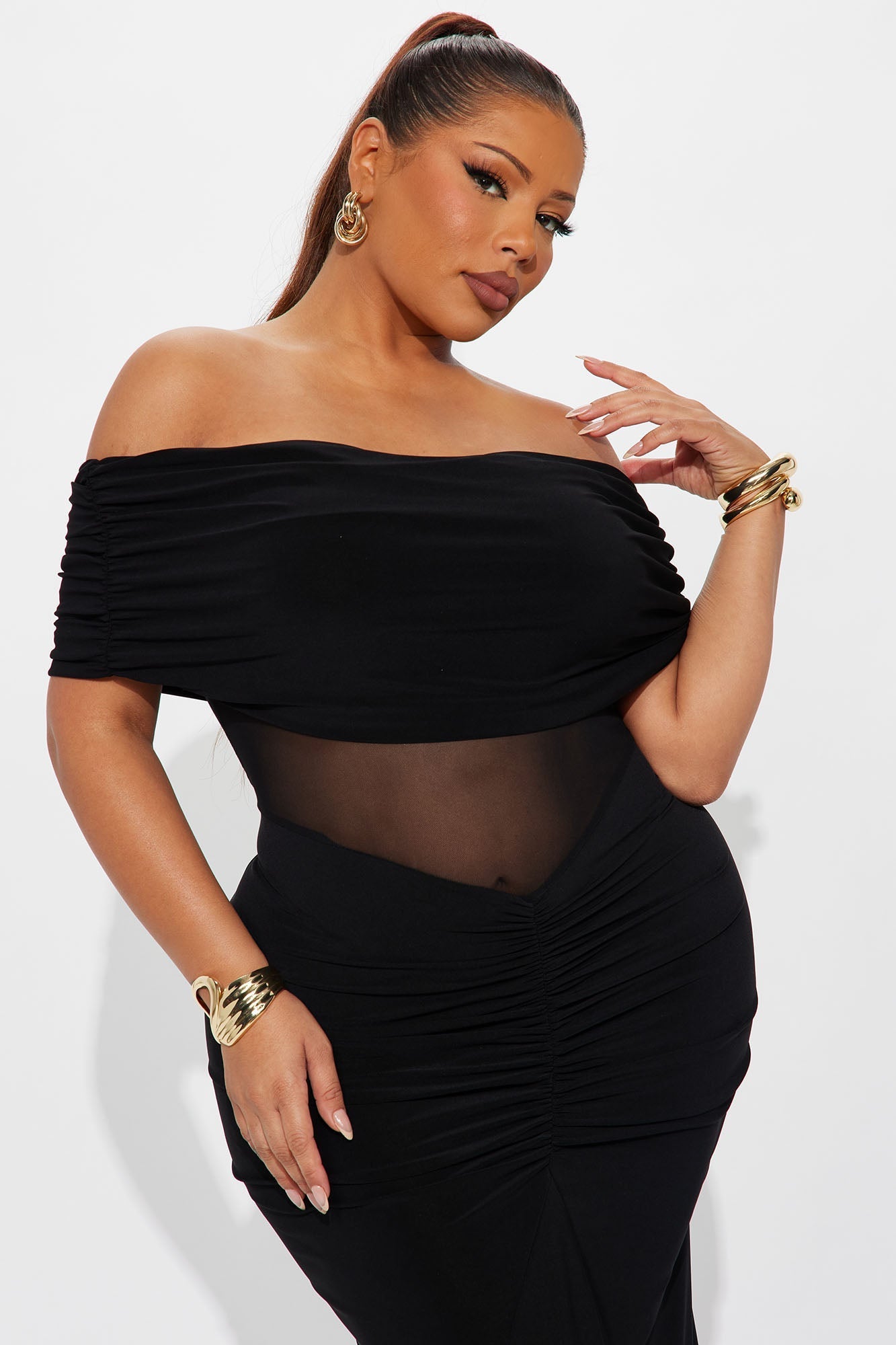 Jesika Ruched Off Shoulder Maxi Dress - Black