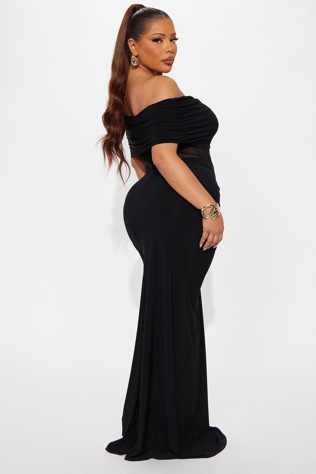 Jesika Ruched Off Shoulder Maxi Dress - Black