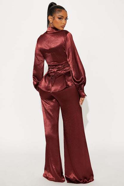 Sydney Satin Shirt Pant Set - Burgundy