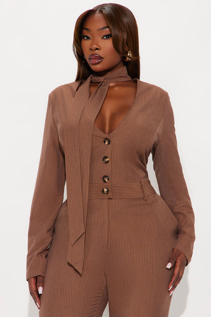 Kendall Scarf Wide Leg Pinstripe Jumpsuit - Brown