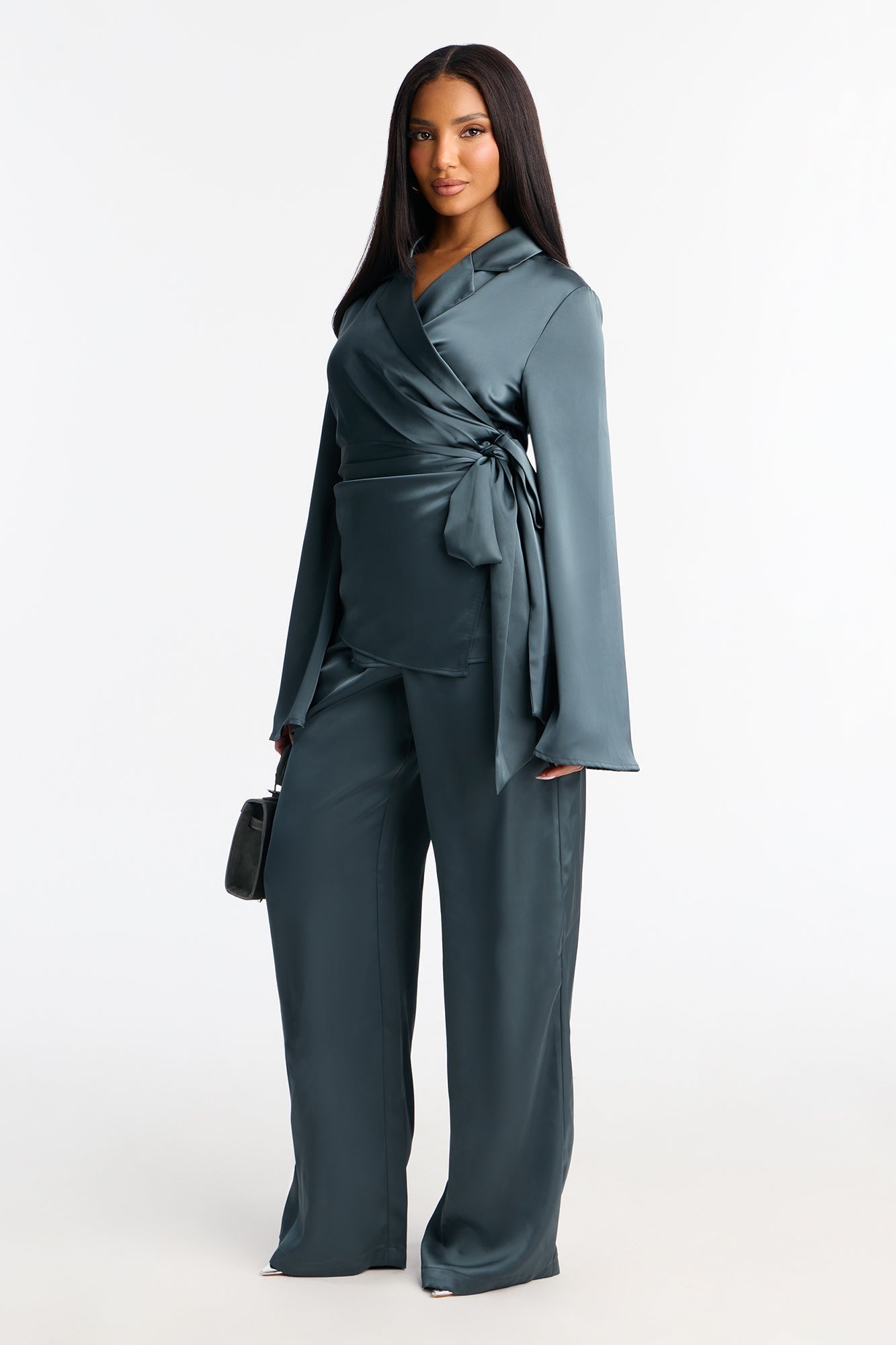 Margot Satin Wrap Shirt And Pant Set - Teal