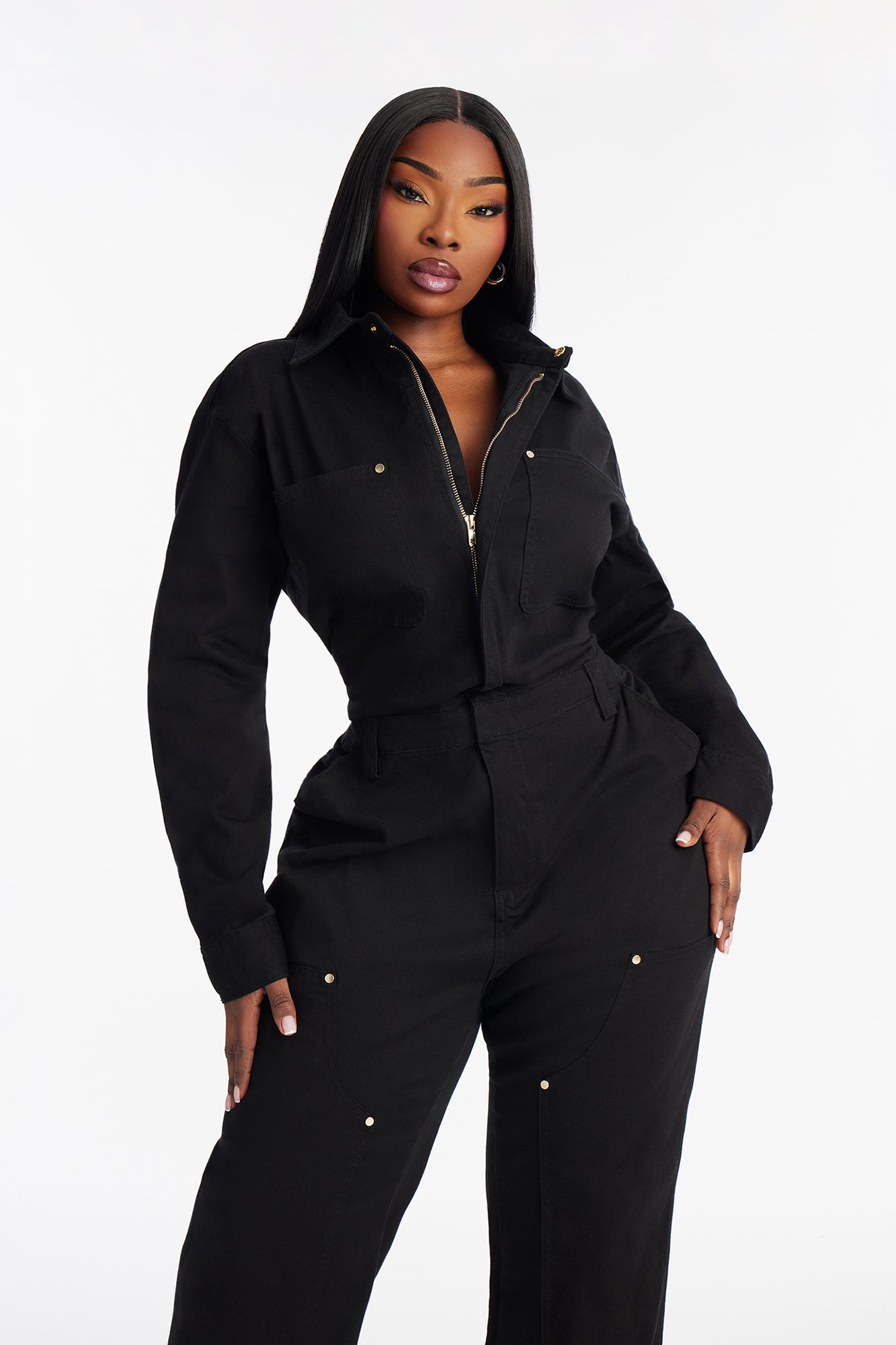 On The Go Twill Long Sleeve Jumpsuit - Black