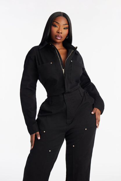 On The Go Twill Long Sleeve Jumpsuit - Black