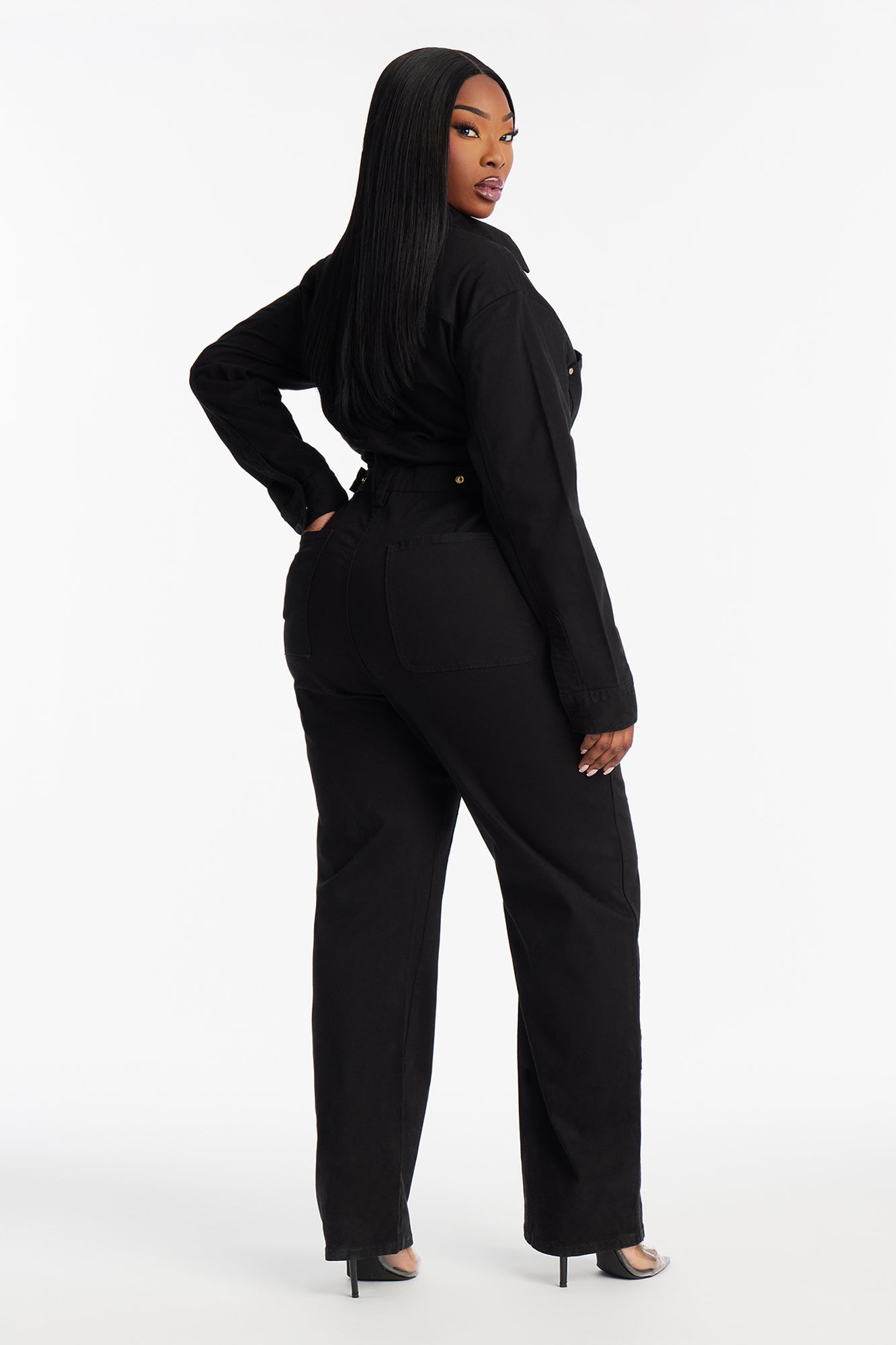 On The Go Twill Long Sleeve Jumpsuit - Black