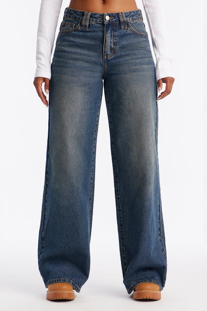 Cherry Blossom Printed Wide Leg Jeans - Dark Wash