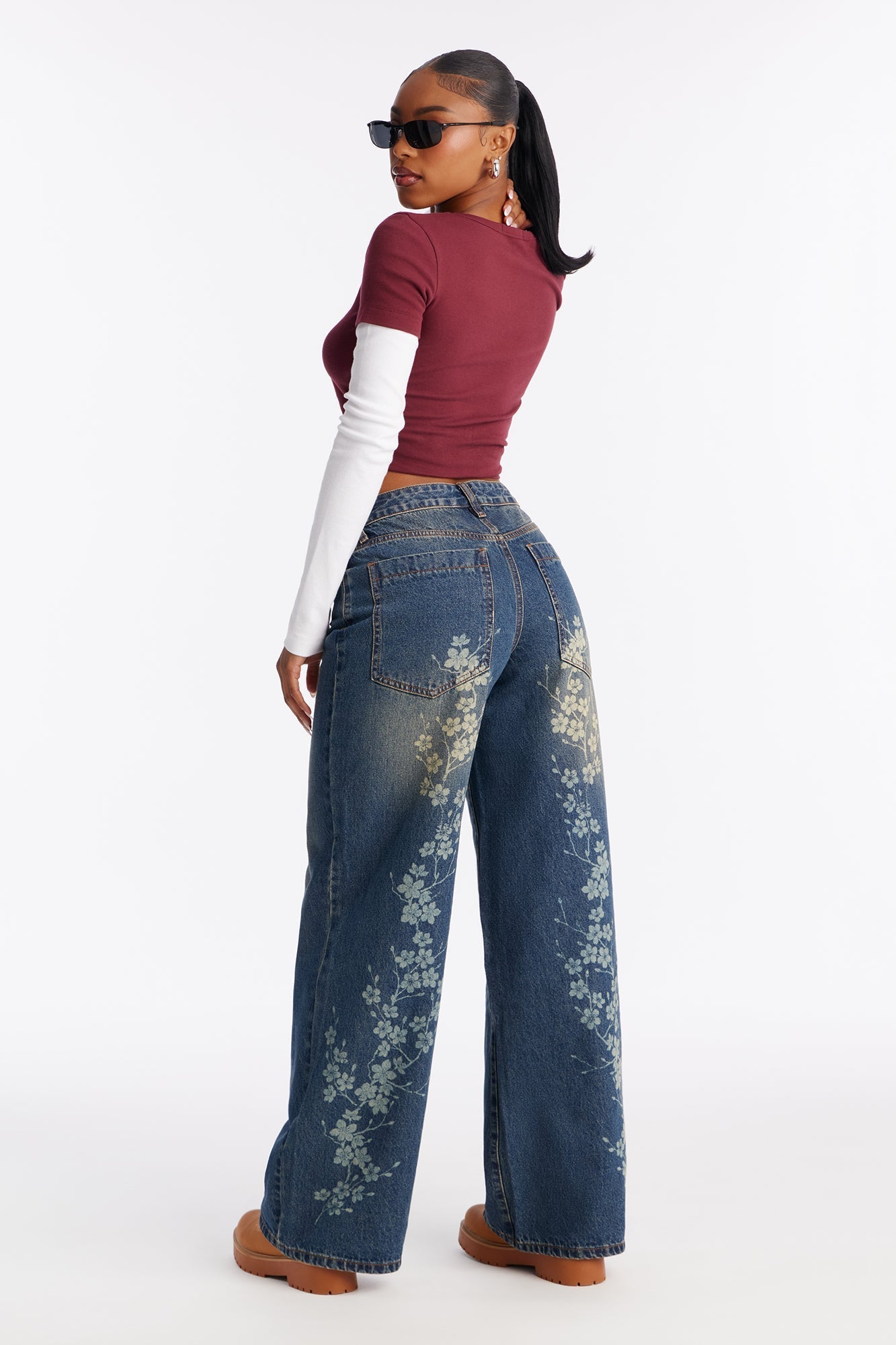 Cherry Blossom Printed Wide Leg Jeans - Dark Wash