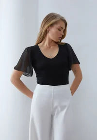Anna Field TOP WITH CHIFFON SLEEVES - Print T-shirt - black